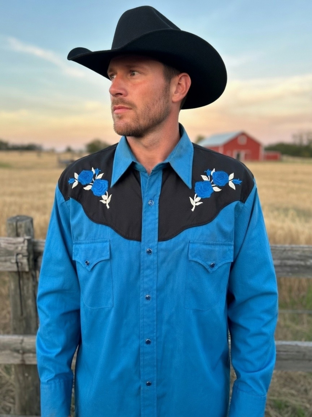 Ely Diamond Vintage Blue Western Pearl Snap-Front Shirt with Floral Yoke Size L